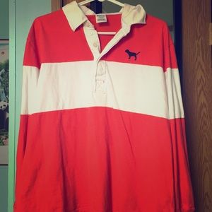 VS PINK red/white long sleeve collared shirt